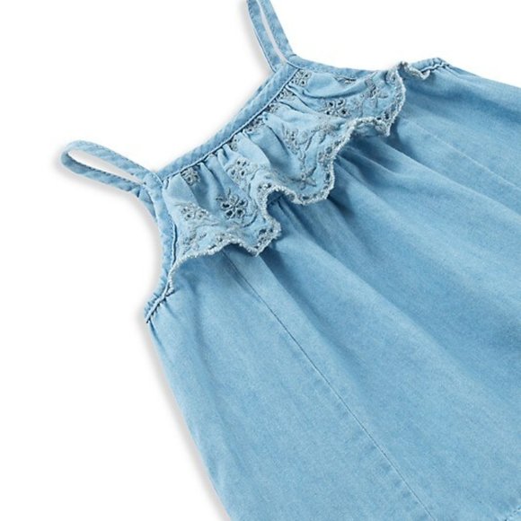 NEW Peek Baby Denim Cut Out Embroidered Scallop Trim Ruffle Spaghetti Tank Dress - Picture 4 of 4